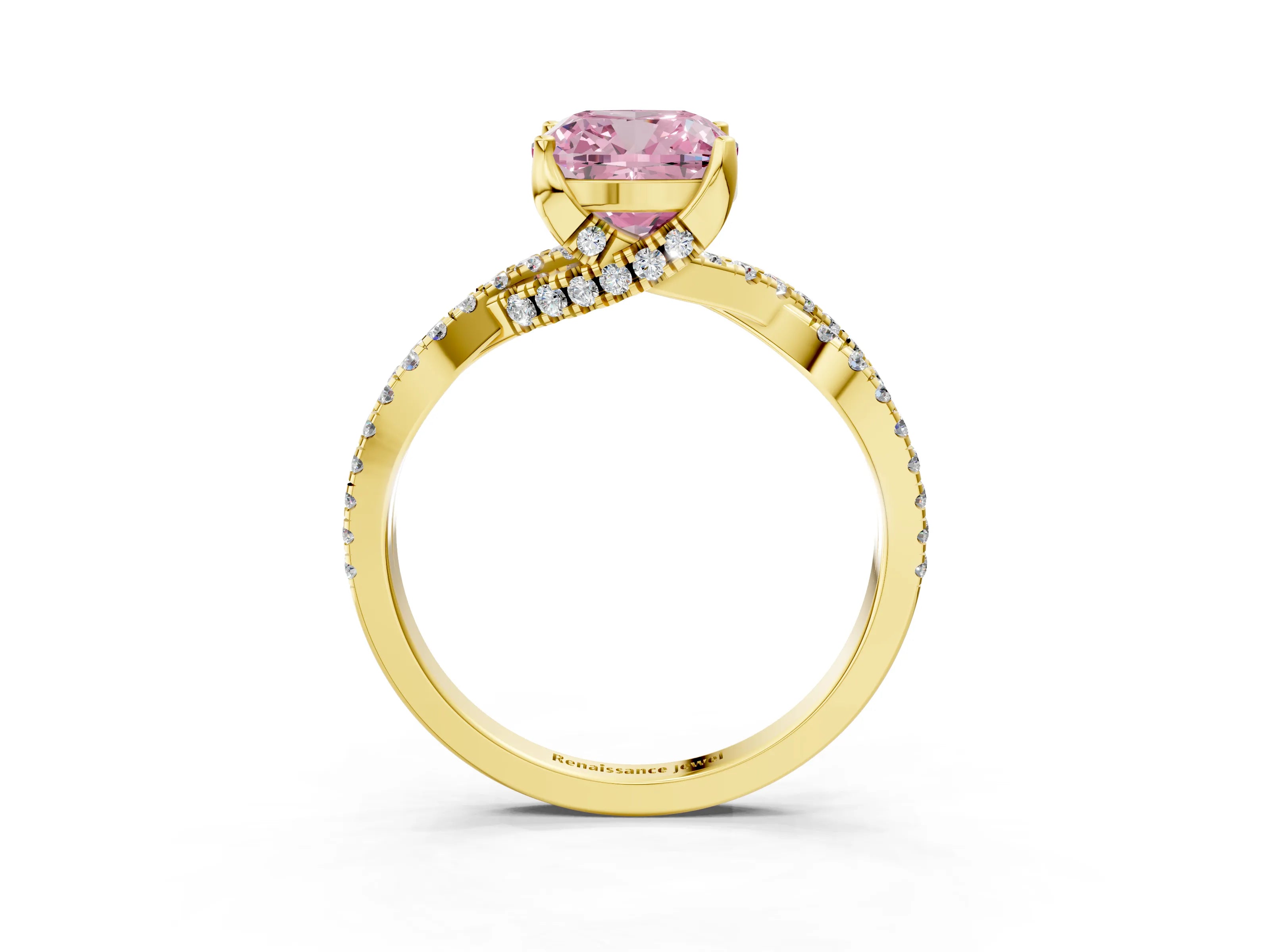 Yellow gold Fancy Pink Cushion Cut Solitaire Twist Pave Diamond Engagement Ring with Prong Setting_27