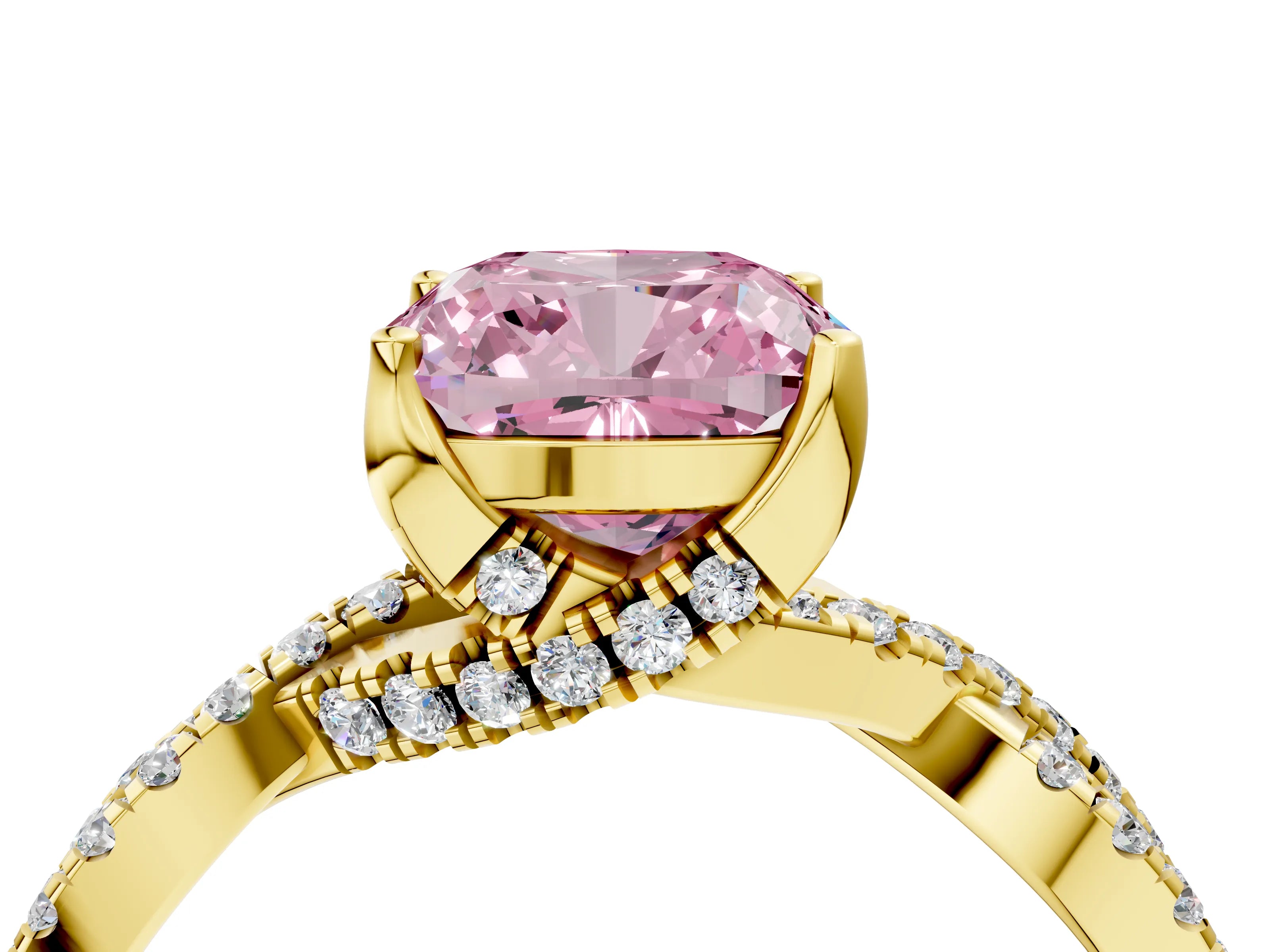 Yellow gold Fancy Pink Cushion Cut Solitaire Twist Pave Diamond Engagement Ring with Prong Setting_28