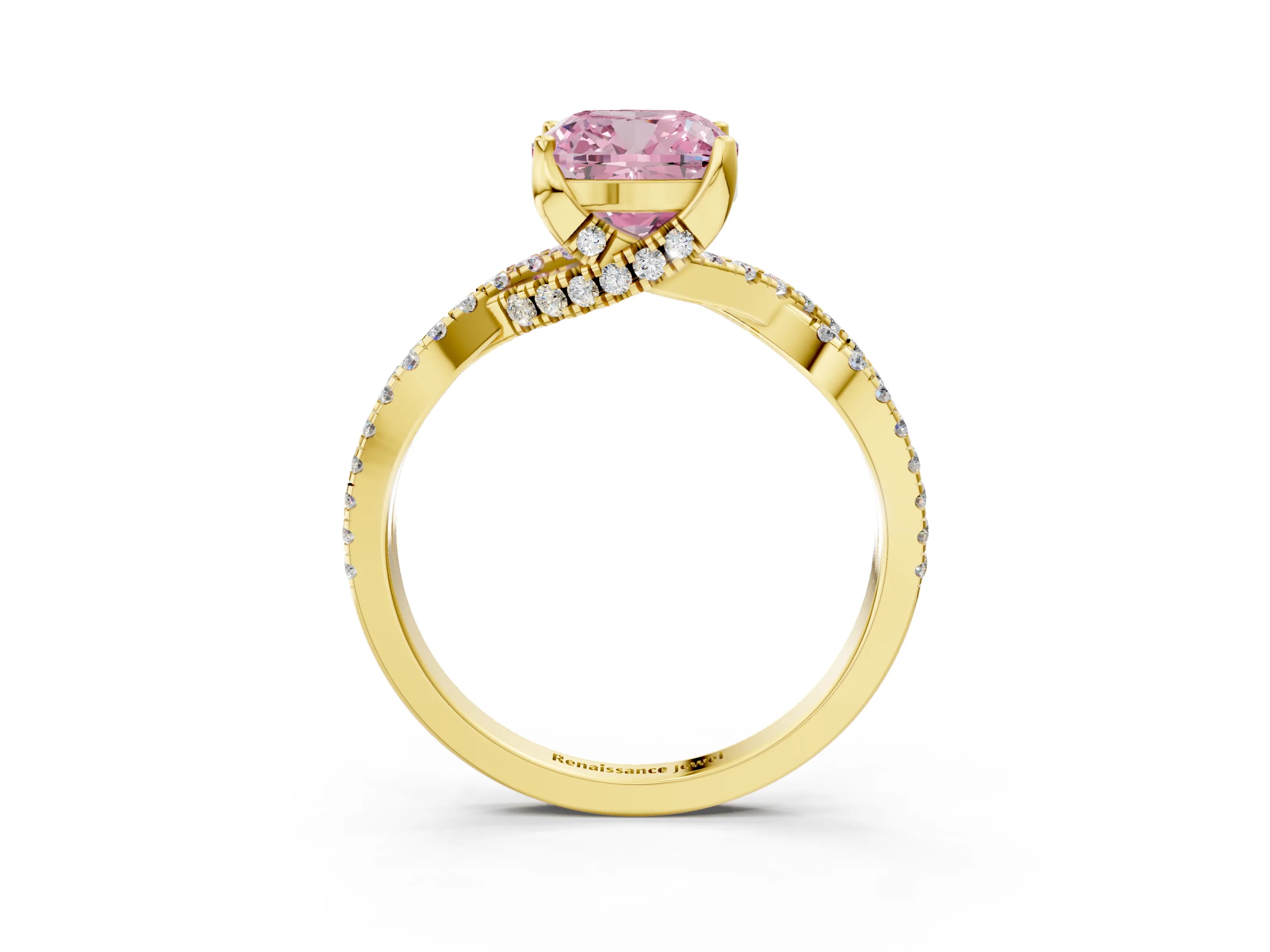 Yellow gold Fancy Pink Cushion Cut Solitaire Twist Pave Diamond Engagement Ring with Prong Setting_3