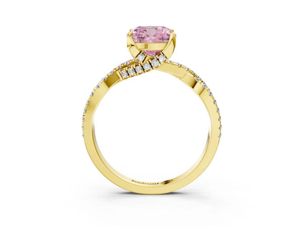 Yellow gold Fancy Pink Cushion Cut Solitaire Twist Pave Diamond Engagement Ring with Prong Setting