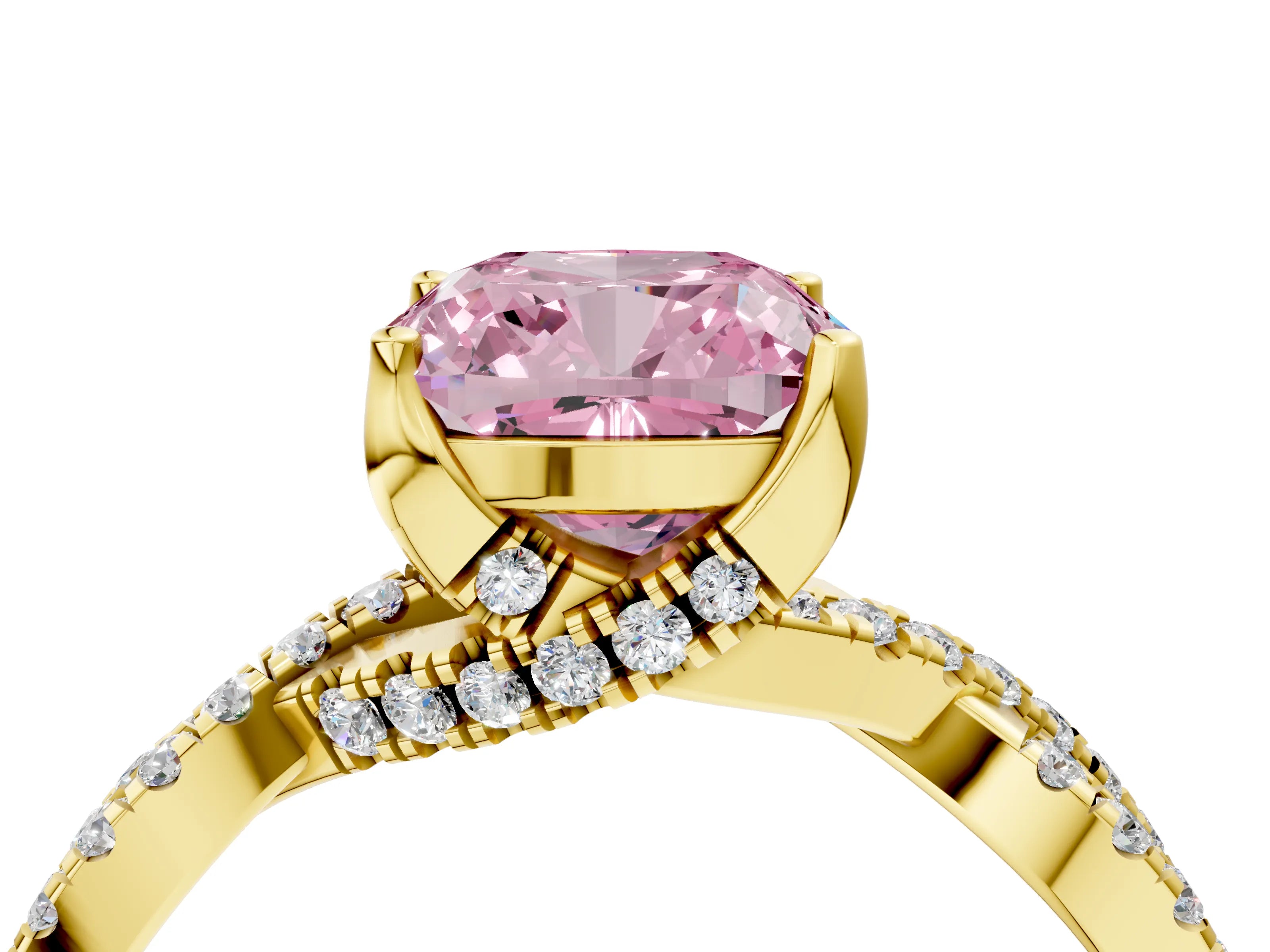 Yellow gold Fancy Pink Cushion Cut Solitaire Twist Pave Diamond Engagement Ring with Prong Setting_4