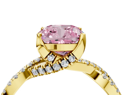 Yellow gold Fancy Pink Cushion Cut Solitaire Twist Pave Diamond Engagement Ring with Prong Setting_4