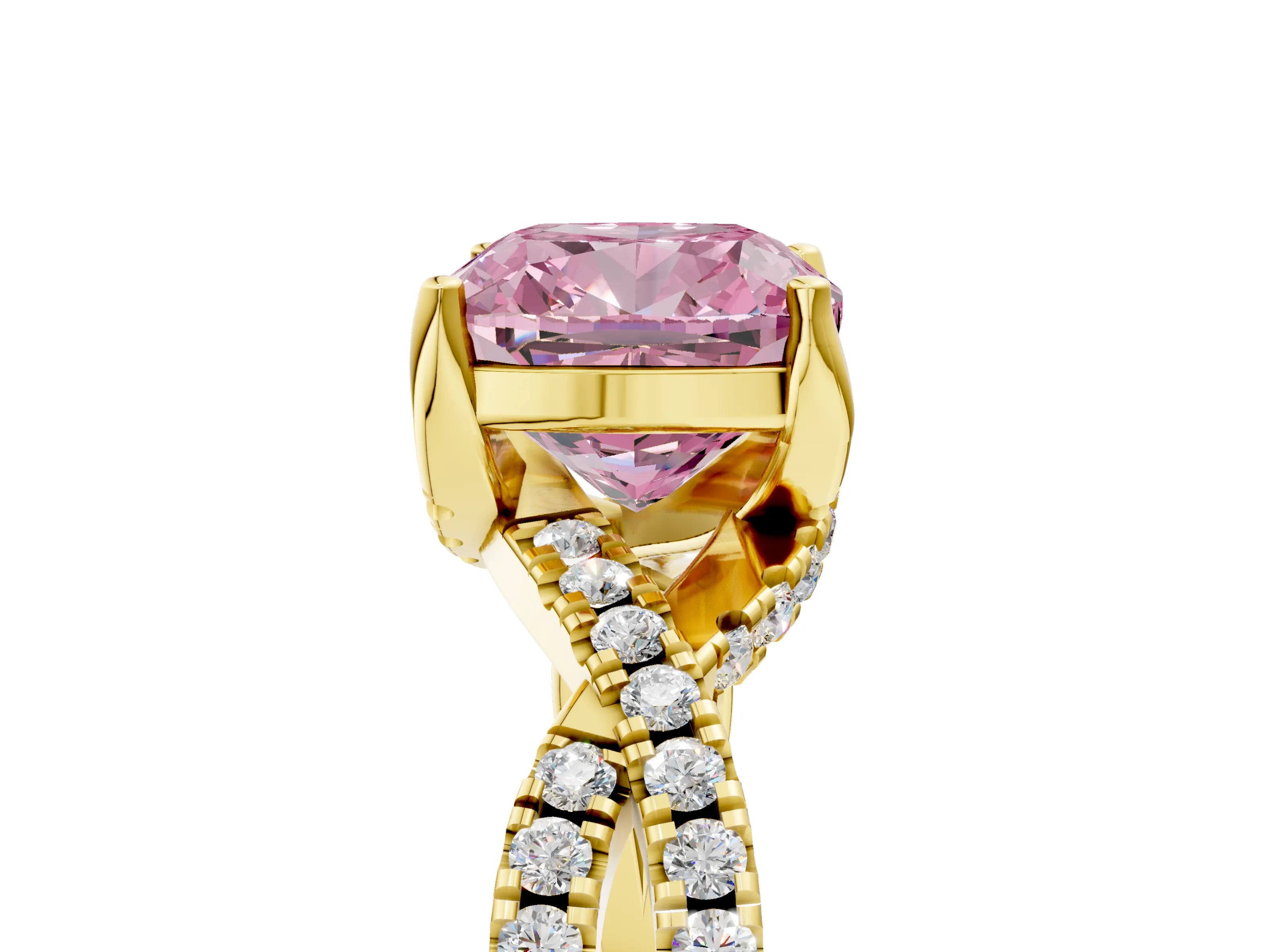 Yellow gold Fancy Pink Cushion Cut Solitaire Twist Pave Diamond Engagement Ring with Prong Setting_5