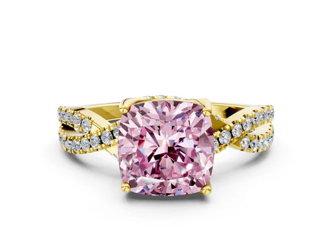 Yellow gold Fancy Pink Cushion Cut Solitaire Twist Pave Diamond Engagement Ring with Prong Setting