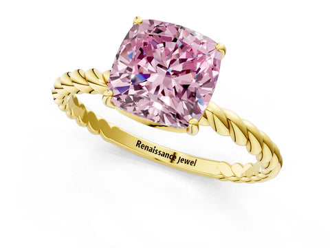 Yellow gold Fancy Pink Cushion Cut Solitaire Twisted Band 4-Prong Ring_1