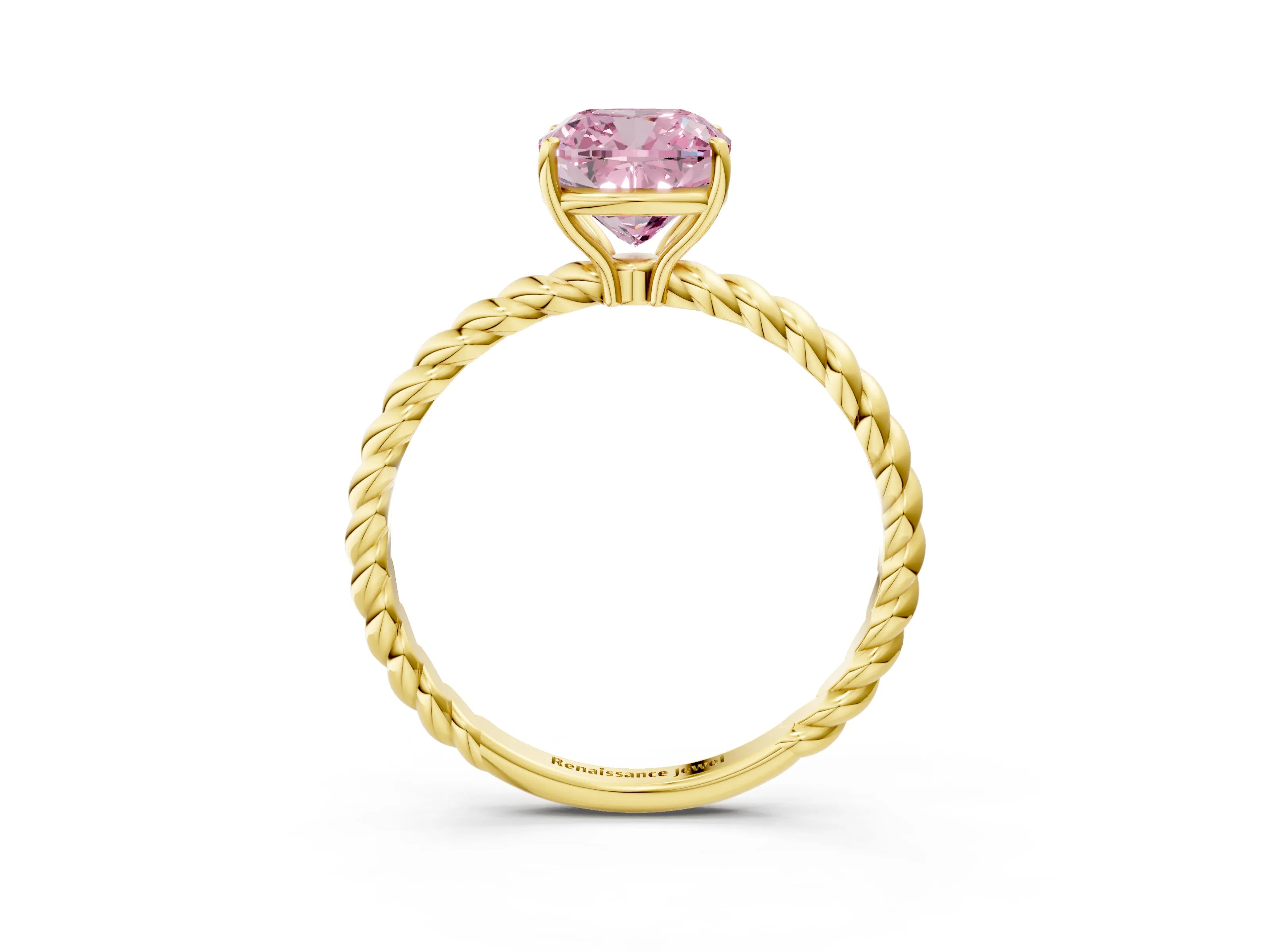 Yellow gold Fancy Pink Cushion Cut Solitaire Twisted Band 4-Prong Ring_3