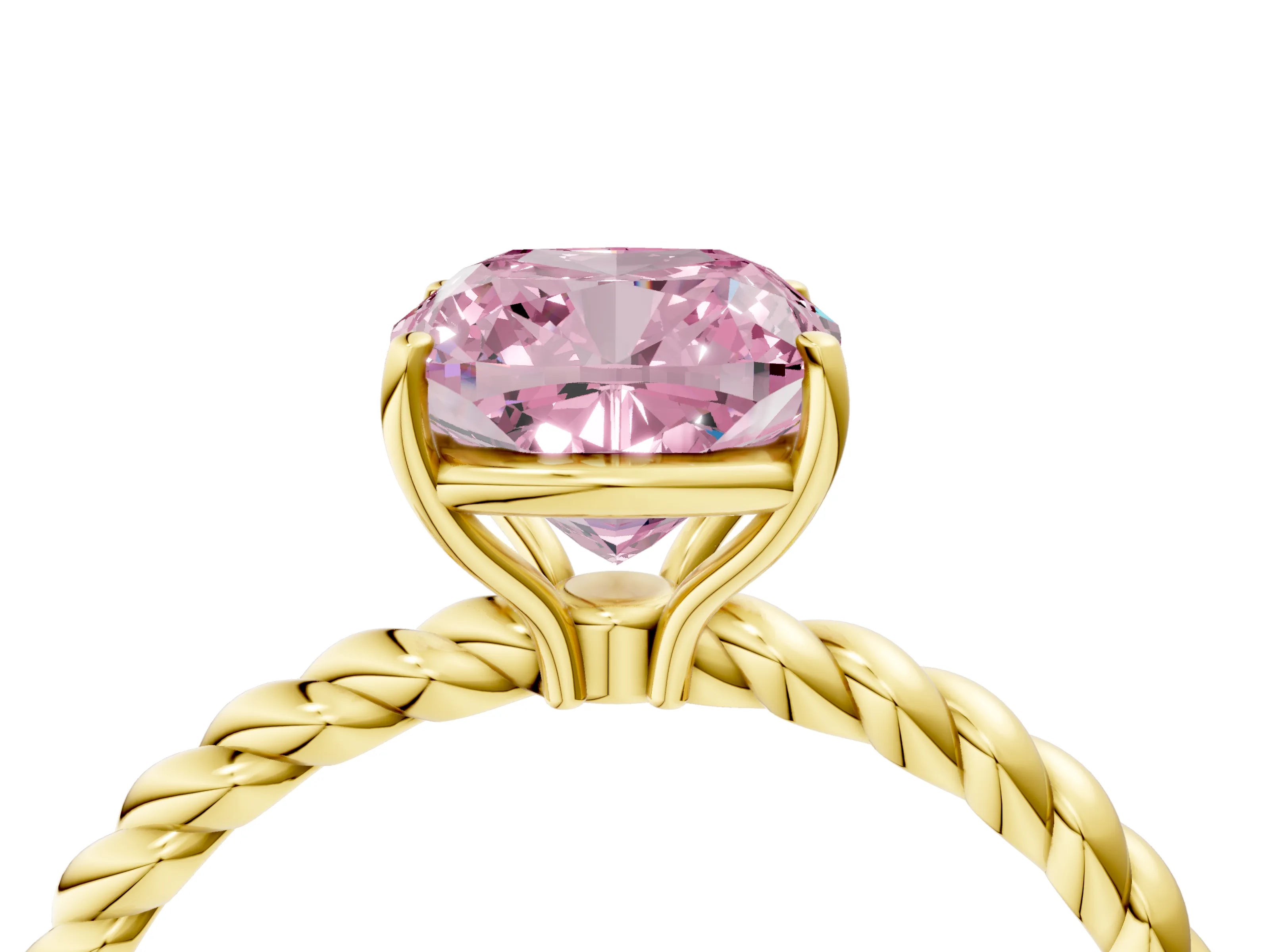 Yellow gold Fancy Pink Cushion Cut Solitaire Twisted Band 4-Prong Ring_4