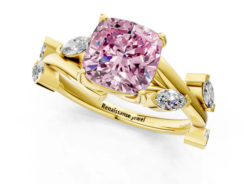 Yellow gold Fancy Pink Cushion Cut Solitaire Twisted Band Marquise Accent Prong Setting Ring_1