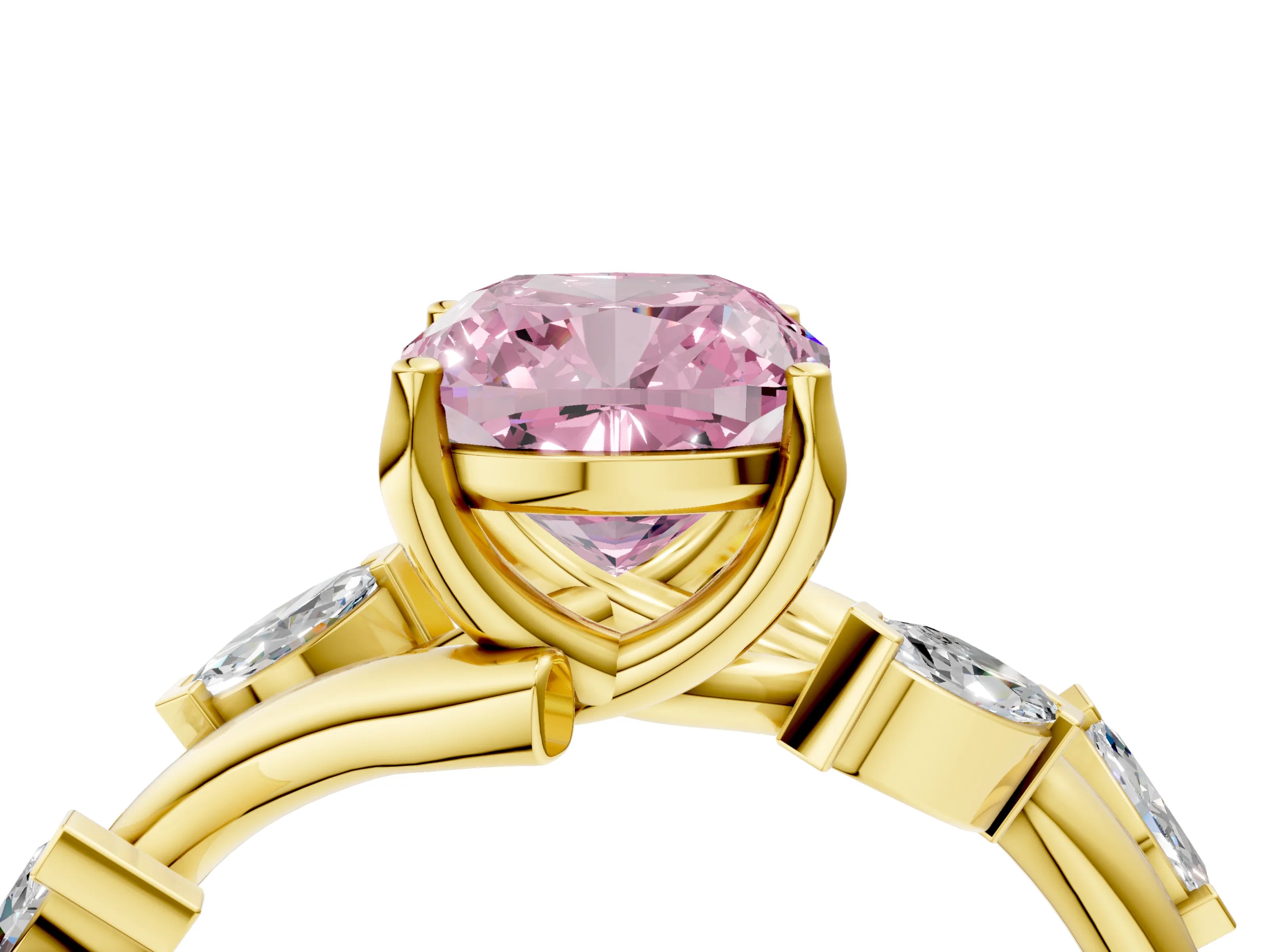 Yellow gold Fancy Pink Cushion Cut Solitaire Twisted Band Marquise Accent Prong Setting Ring_4