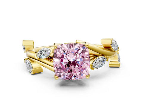 Yellow gold Fancy Pink Cushion Cut Solitaire Twisted Band Marquise Accent Prong Setting Ring