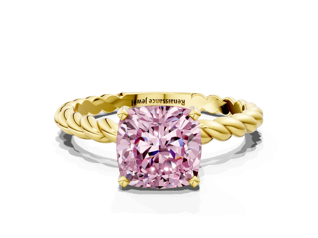 Yellow gold Fancy Pink Cushion  Cut Solitaire Twisted Band with Four-Prong Setting_108