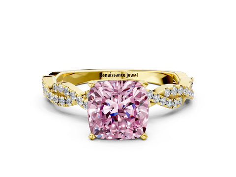 Yellow gold Fancy Pink Cushion Cut Solitaire Twisted Pave Band with Four-Prong Setting_3