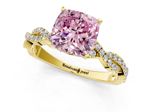 Yellow gold Fancy Pink Cushion Cut Solitaire Twisted Pave Band with Four-Prong Setting_4