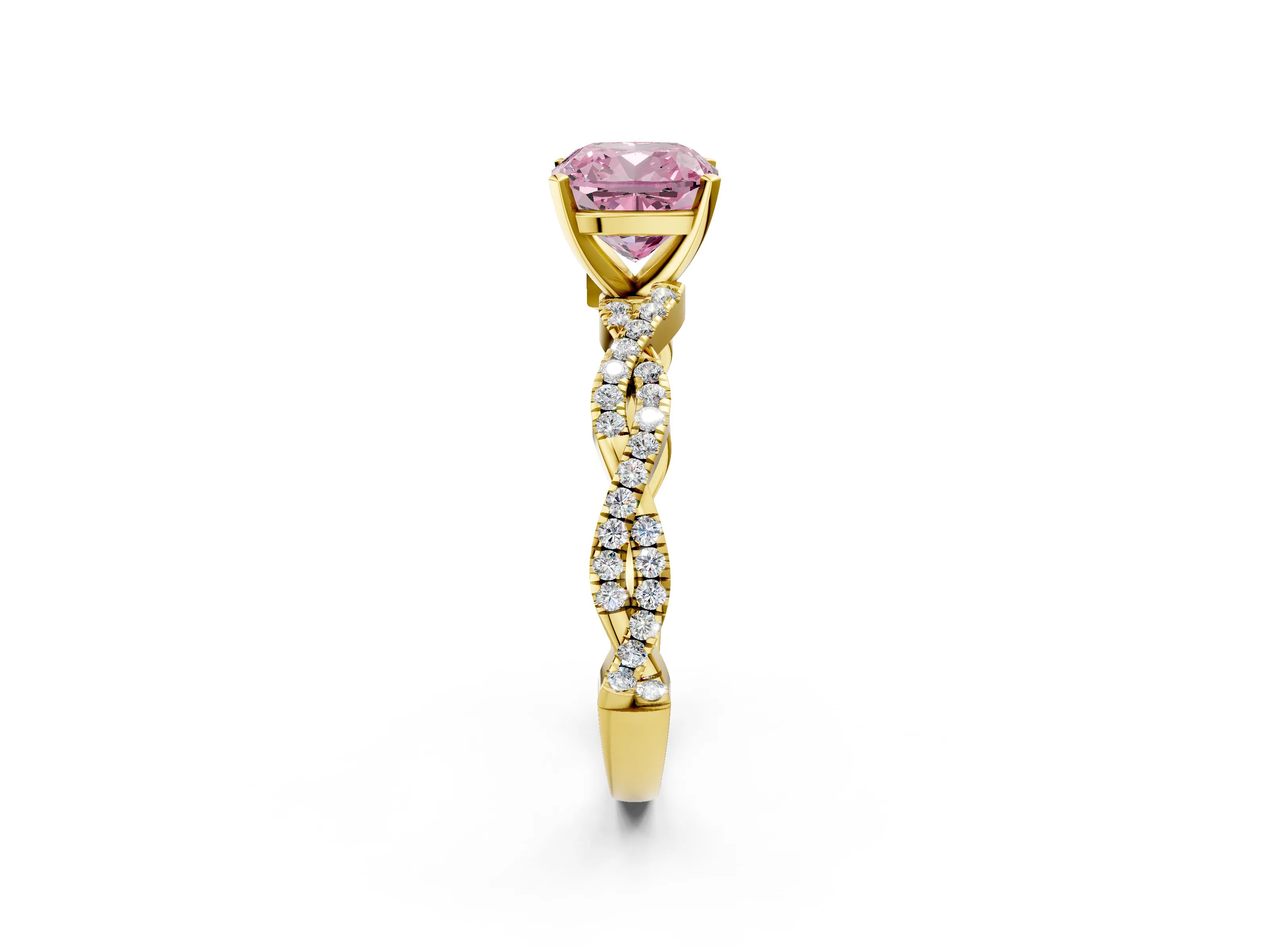 Yellow gold Fancy Pink Cushion Cut Solitaire Twisted Pave Band with Four-Prong Setting_5