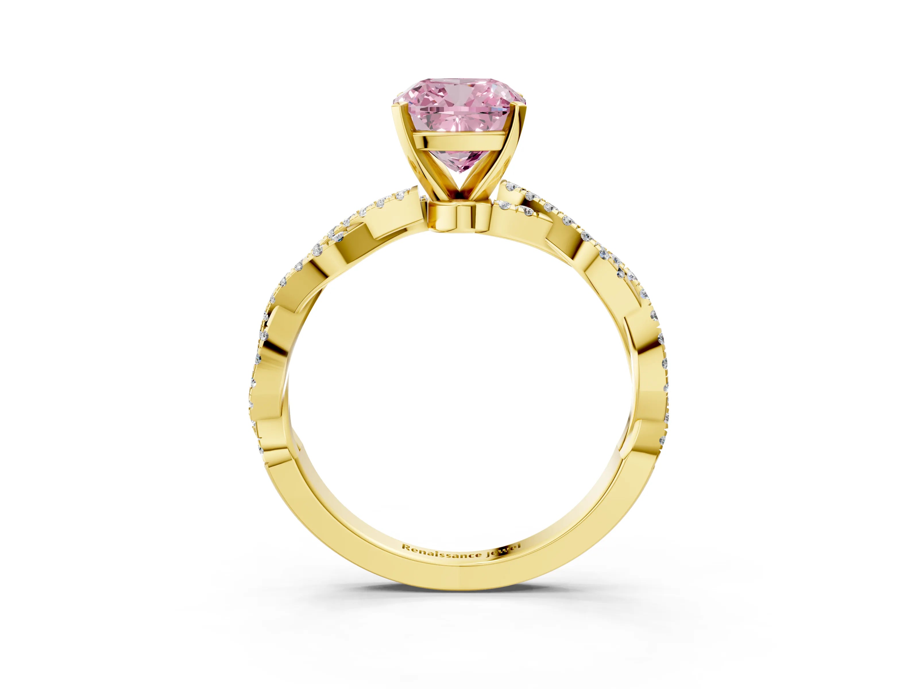 Yellow gold Fancy Pink Cushion Cut Solitaire Twisted Pave Band with Four-Prong Setting_6