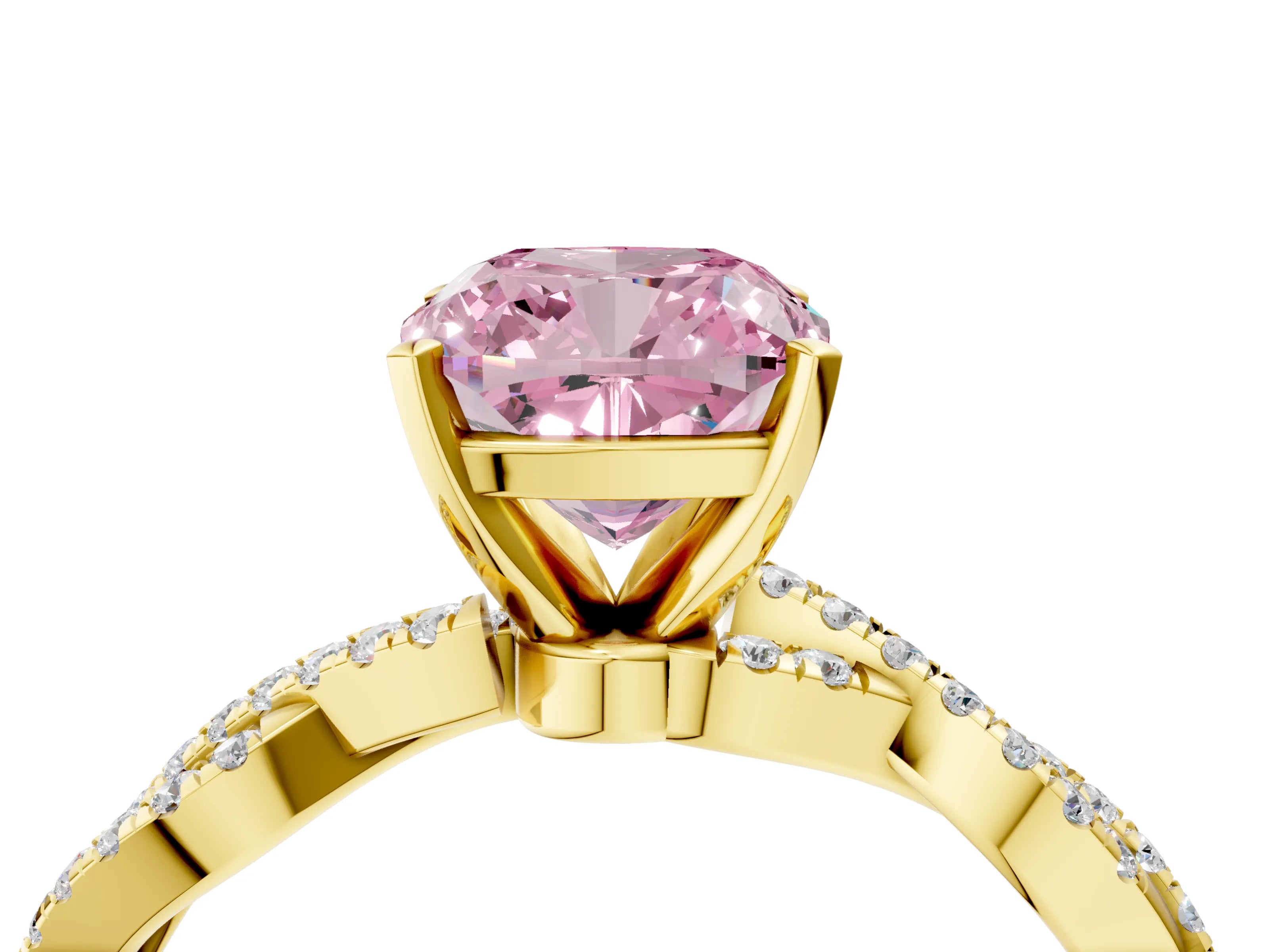Yellow gold Fancy Pink Cushion Cut Solitaire Twisted Pave Band with Four-Prong Setting_7