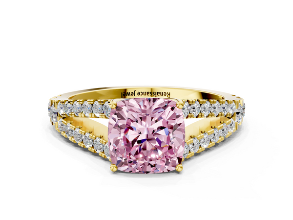 Yellow gold Fancy Pink Cushion  Cut Split Shank Pave Diamond Engagement Ring with Four-Prong Setting