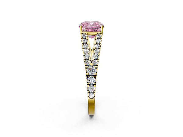 Yellow gold Fancy Pink Cushion  Cut Split Shank Pave Diamond Engagement Ring with Four-Prong Setting