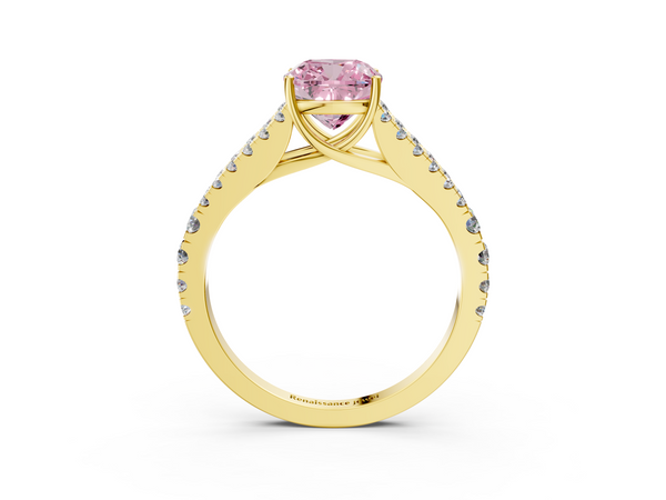 Yellow gold Fancy Pink Cushion  Cut Split Shank Pave Diamond Engagement Ring with Four-Prong Setting