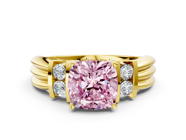 Yellow gold Fancy Pink Cushion  Cut Three-Stone Channel Set Ring with Bar Prongs