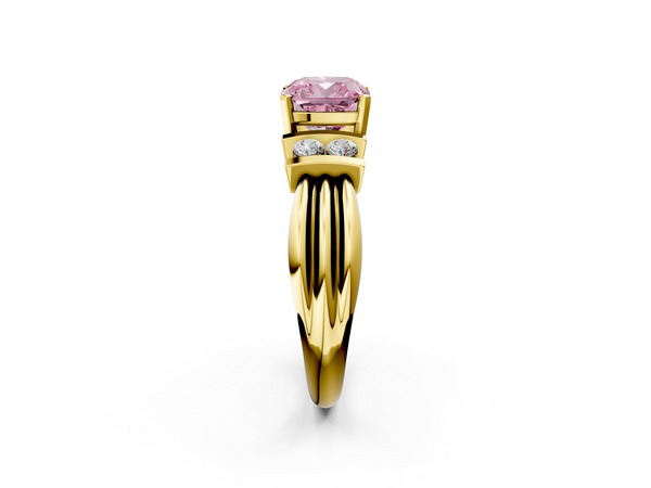 Yellow gold Fancy Pink Cushion  Cut Three-Stone Channel Set Ring with Bar Prongs