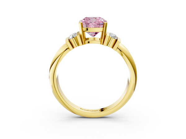 Yellow gold Fancy Pink Cushion  Cut Three-Stone Channel Set Ring with Bar Prongs