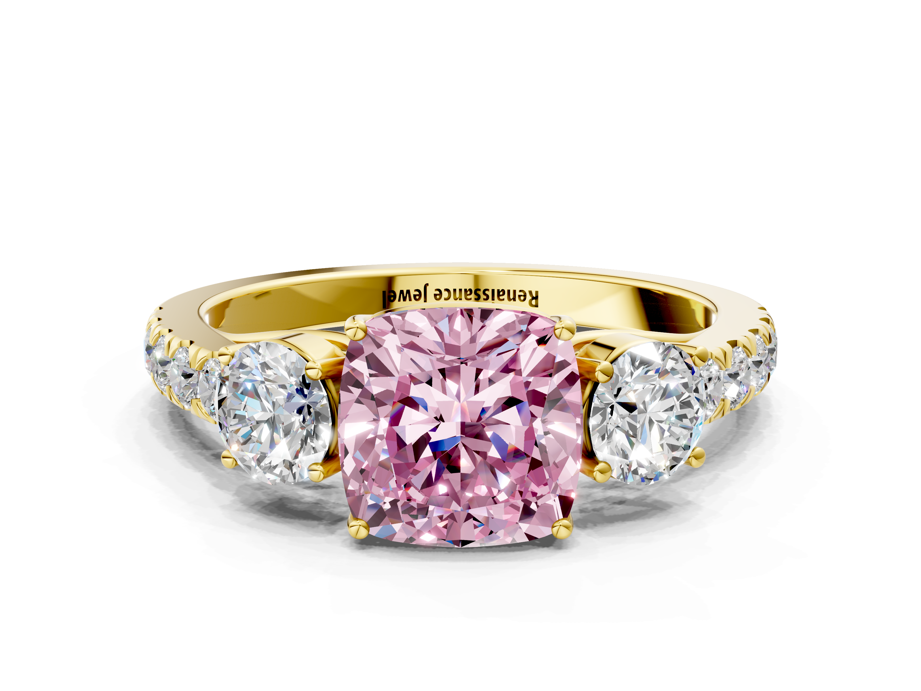 Yellow gold Fancy Pink Cushion  Cut Three-Stone Diamond Pave Band with Prong Setting_20