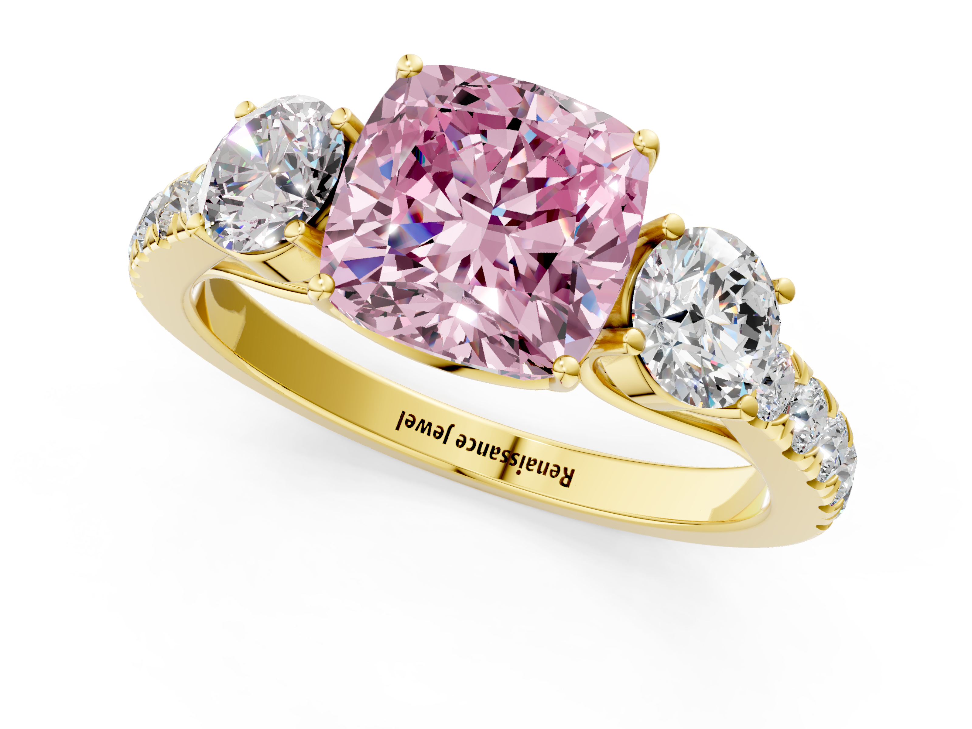 Yellow gold Fancy Pink Cushion  Cut Three-Stone Diamond Pave Band with Prong Setting_21