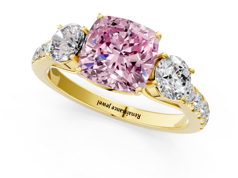Yellow gold Fancy Pink Cushion  Cut Three-Stone Diamond Pave Band with Prong Setting_21