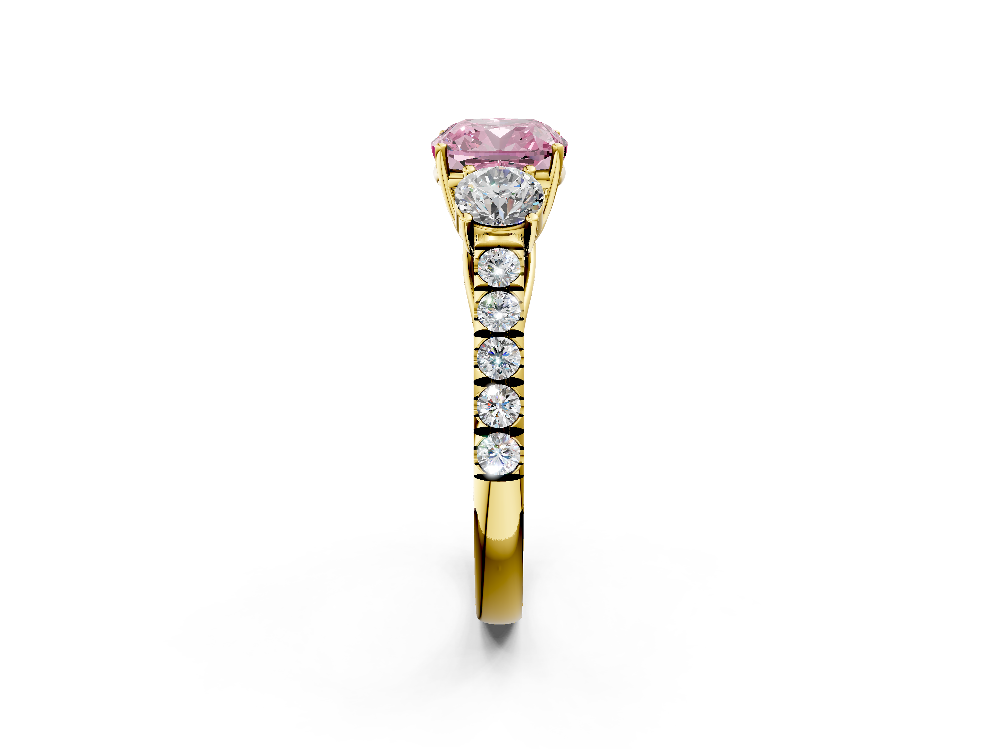 Yellow gold Fancy Pink Cushion  Cut Three-Stone Diamond Pave Band with Prong Setting_22