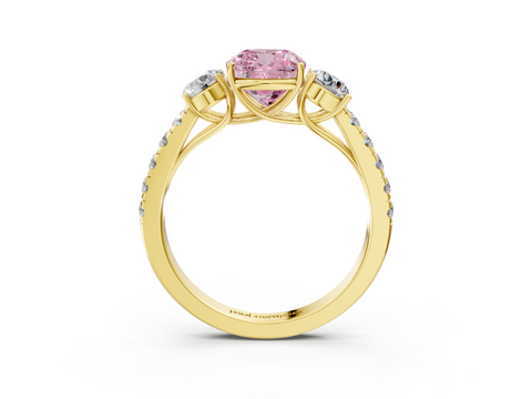Yellow gold Fancy Pink Cushion  Cut Three-Stone Diamond Pave Band with Prong Setting_23