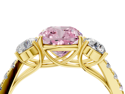 Yellow gold Fancy Pink Cushion  Cut Three-Stone Diamond Pave Band with Prong Setting_24