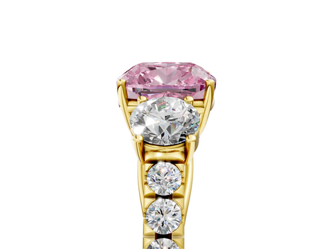 Yellow gold Fancy Pink Cushion  Cut Three-Stone Diamond Pave Band with Prong Setting_25