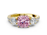 Yellow gold Fancy Pink Cushion  Cut Three-Stone Diamond Pave Band with Prong Setting_36