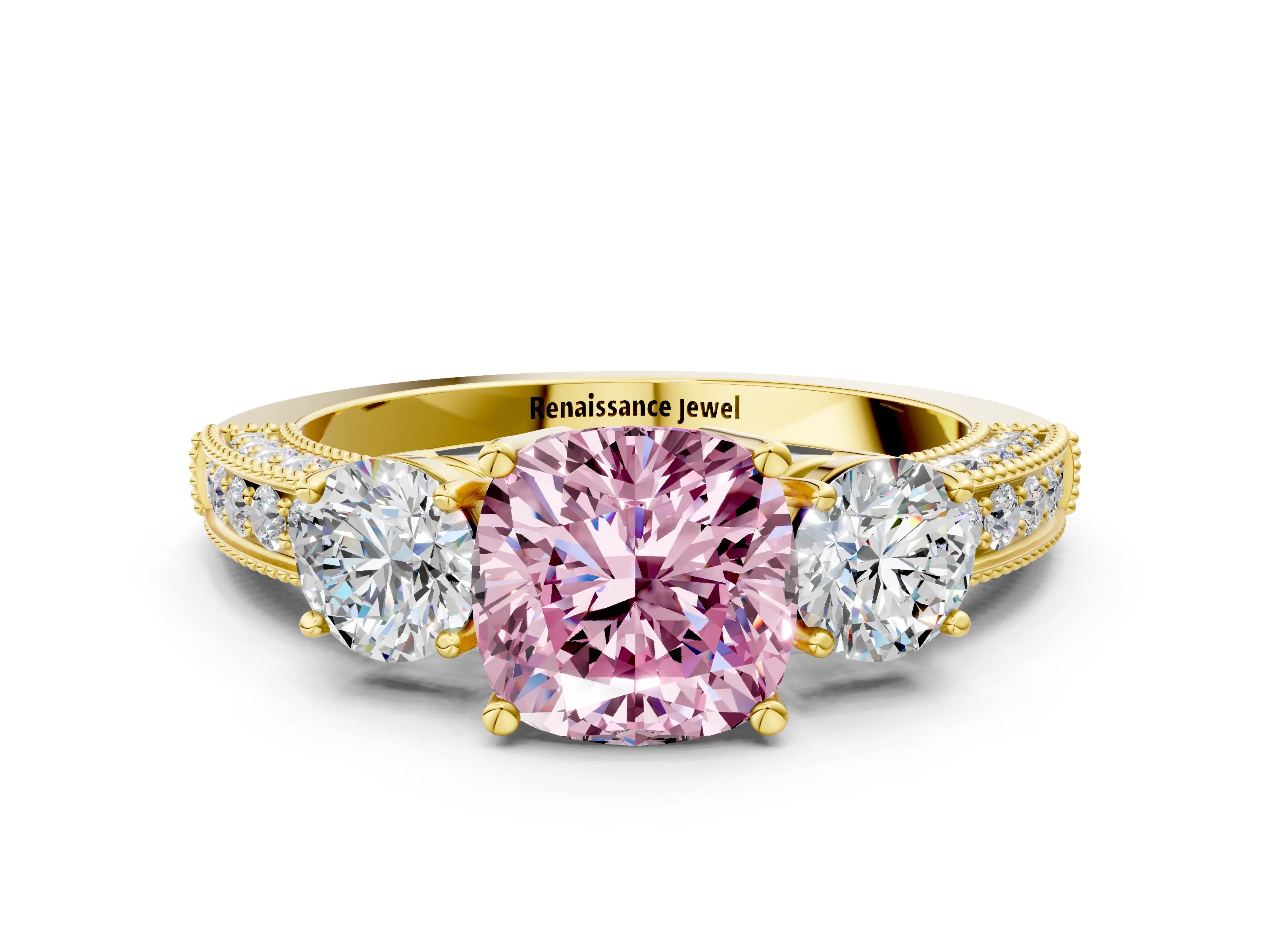 Yellow gold Fancy Pink Cushion Cut Three-Stone Diamond Ring with Pavé Band and Four-Prong Setting