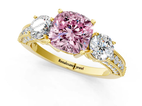 Yellow gold Fancy Pink Cushion Cut Three-Stone Diamond Ring with Pavé Band and Four-Prong Setting_1