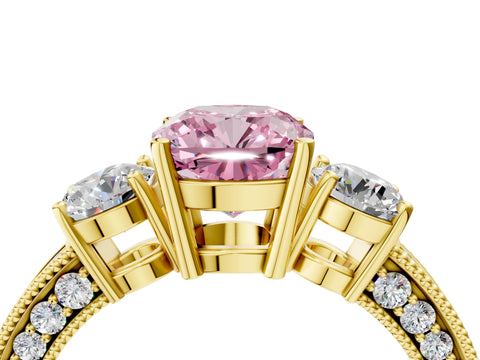 Yellow gold Fancy Pink Cushion Cut Three-Stone Diamond Ring with Pavé Band and Four-Prong Setting_4