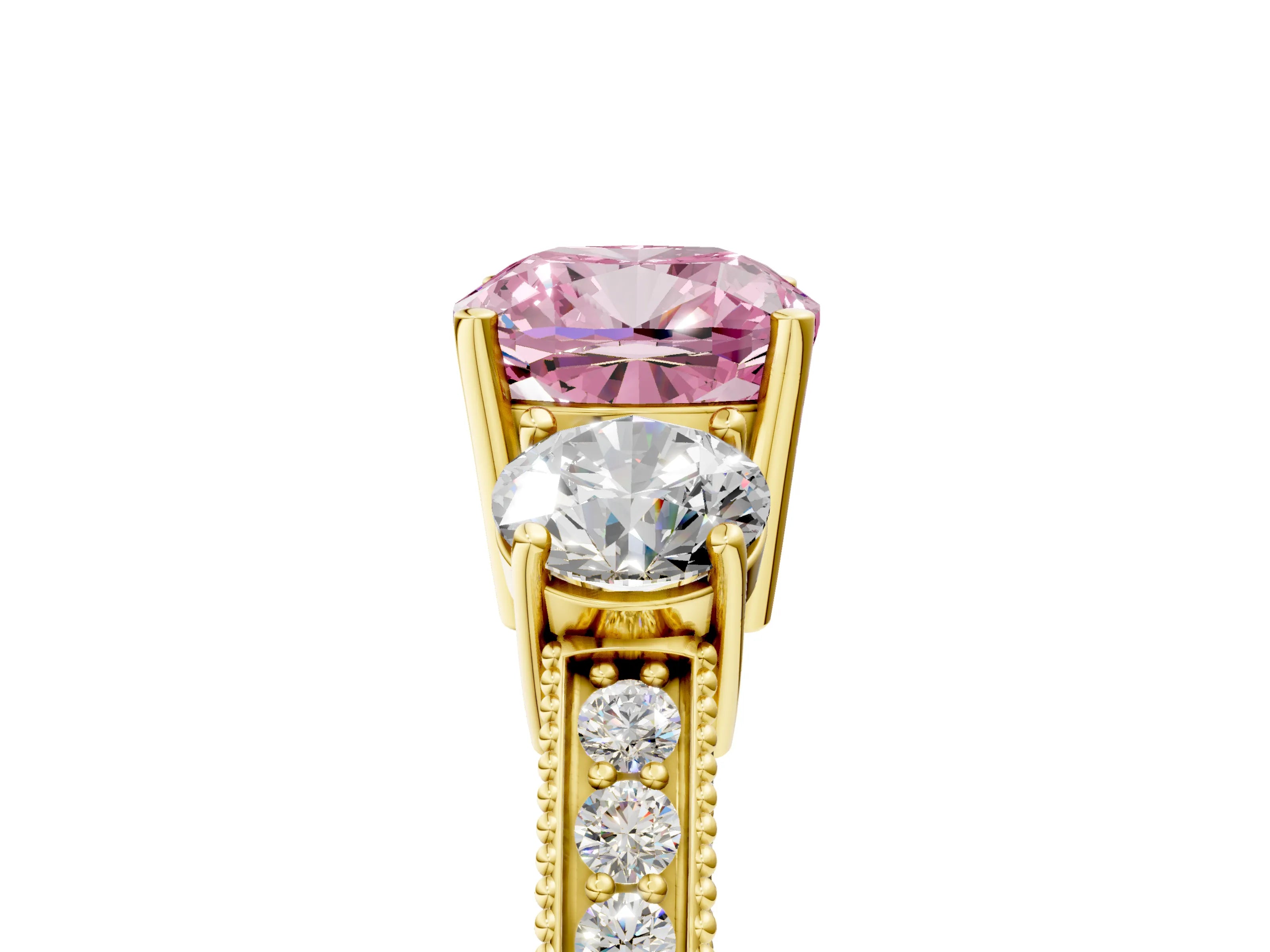 Yellow gold Fancy Pink Cushion Cut Three-Stone Diamond Ring with Pavé Band and Four-Prong Setting_5