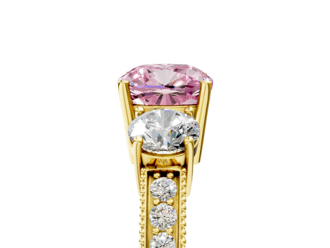 Yellow gold Fancy Pink Cushion Cut Three-Stone Diamond Ring with Pavé Band and Four-Prong Setting_5