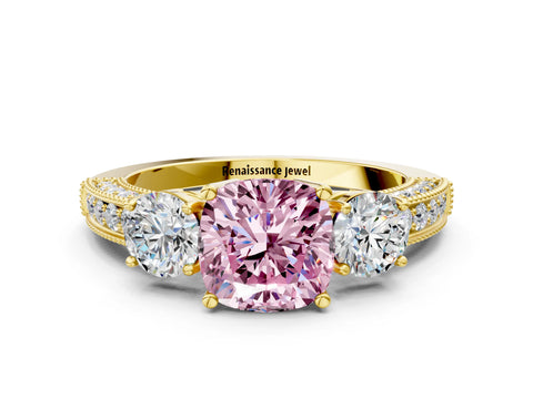 Yellow gold Fancy Pink Cushion Cut Three-Stone Diamond Ring with Pavé Band and Four-Prong Setting