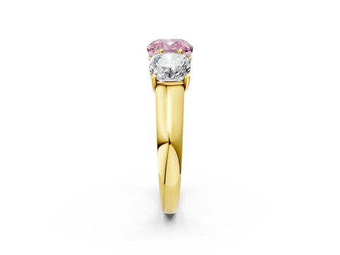 Yellow gold Fancy Pink Cushion Cut Three-Stone Diamond Ring with Prong Setting on a Classic Band_2