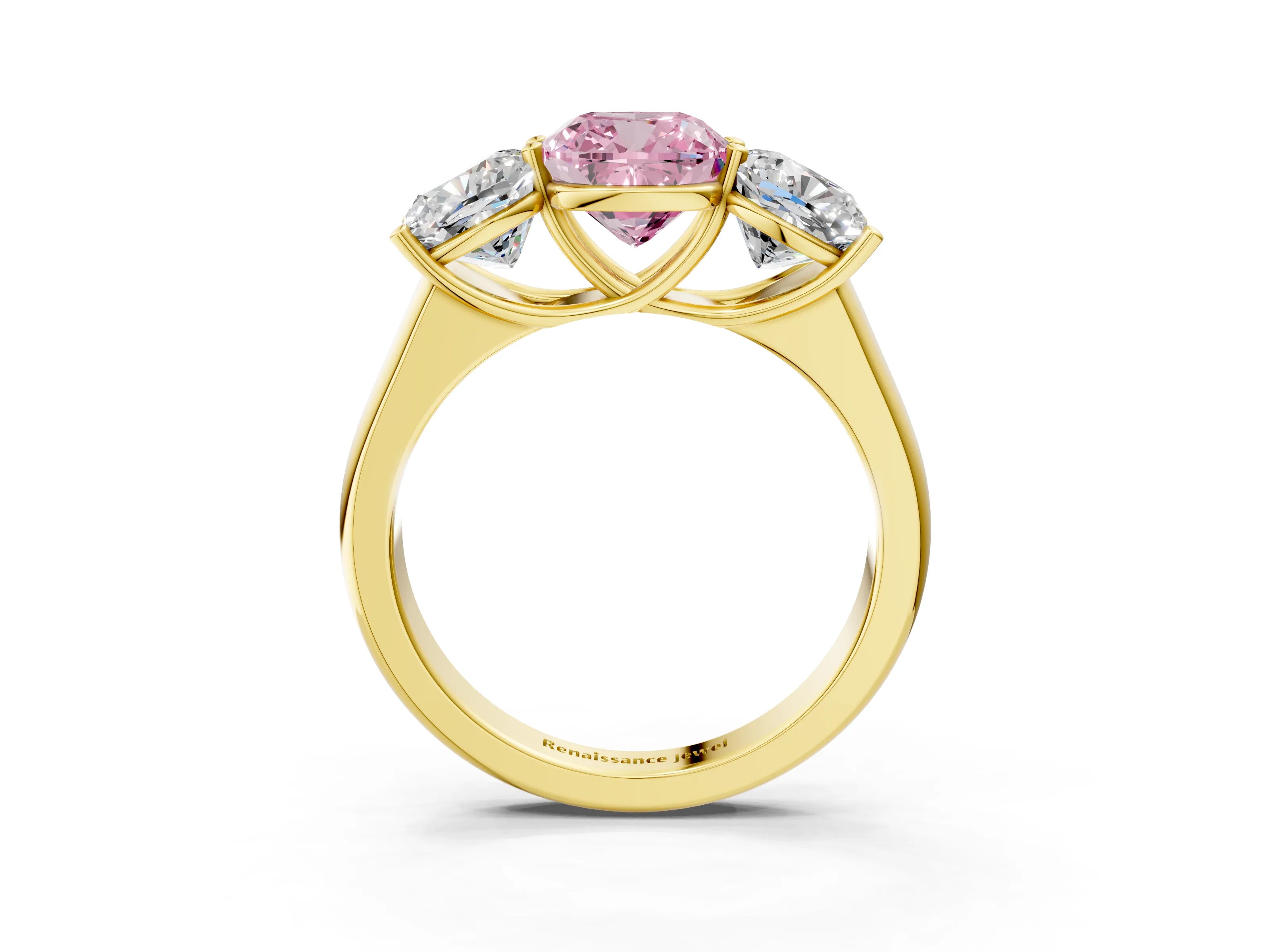 Yellow gold Fancy Pink Cushion Cut Three-Stone Diamond Ring with Prong Setting on a Classic Band_3