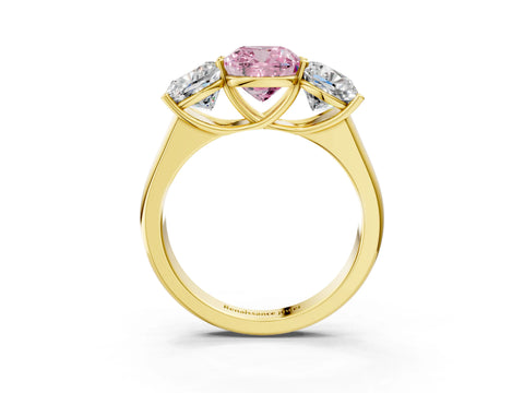 Yellow gold Fancy Pink Cushion Cut Three-Stone Diamond Ring with Prong Setting on a Classic Band_3