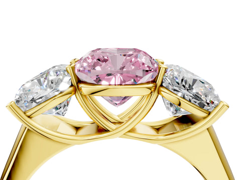Yellow gold Fancy Pink Cushion Cut Three-Stone Diamond Ring with Prong Setting on a Classic Band_4