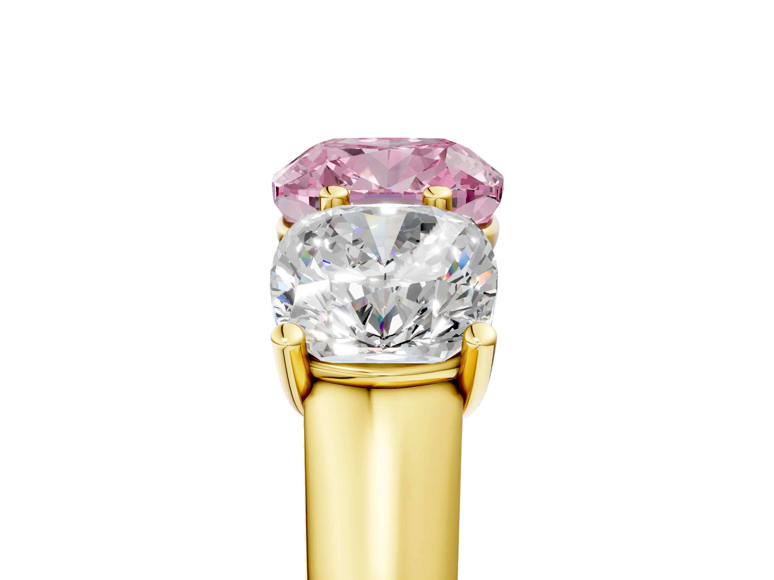 Yellow gold Fancy Pink Cushion Cut Three-Stone Diamond Ring with Prong Setting on a Classic Band_5