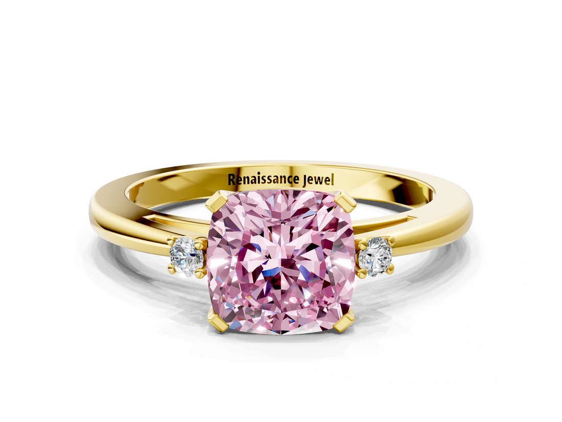 Yellow gold Fancy Pink Cushion  Cut Three-Stone Solitaire Ring with Round Accent Diamonds and Four-Prong Setting_20