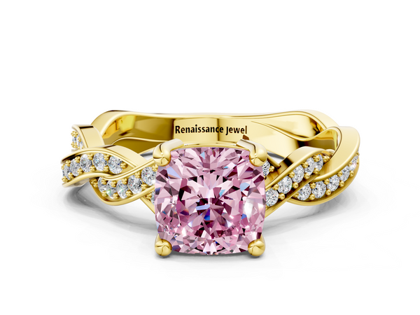 Yellow gold Fancy Pink Cushion  Cut Twisted Pavé Band Solitaire Ring with Four-Prong Setting