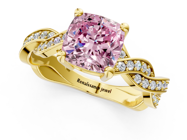 Yellow gold Fancy Pink Cushion  Cut Twisted Pavé Band Solitaire Ring with Four-Prong Setting