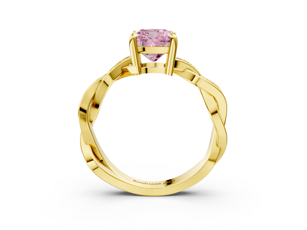 Yellow gold Fancy Pink Cushion  Cut Twisted Pavé Band Solitaire Ring with Four-Prong Setting