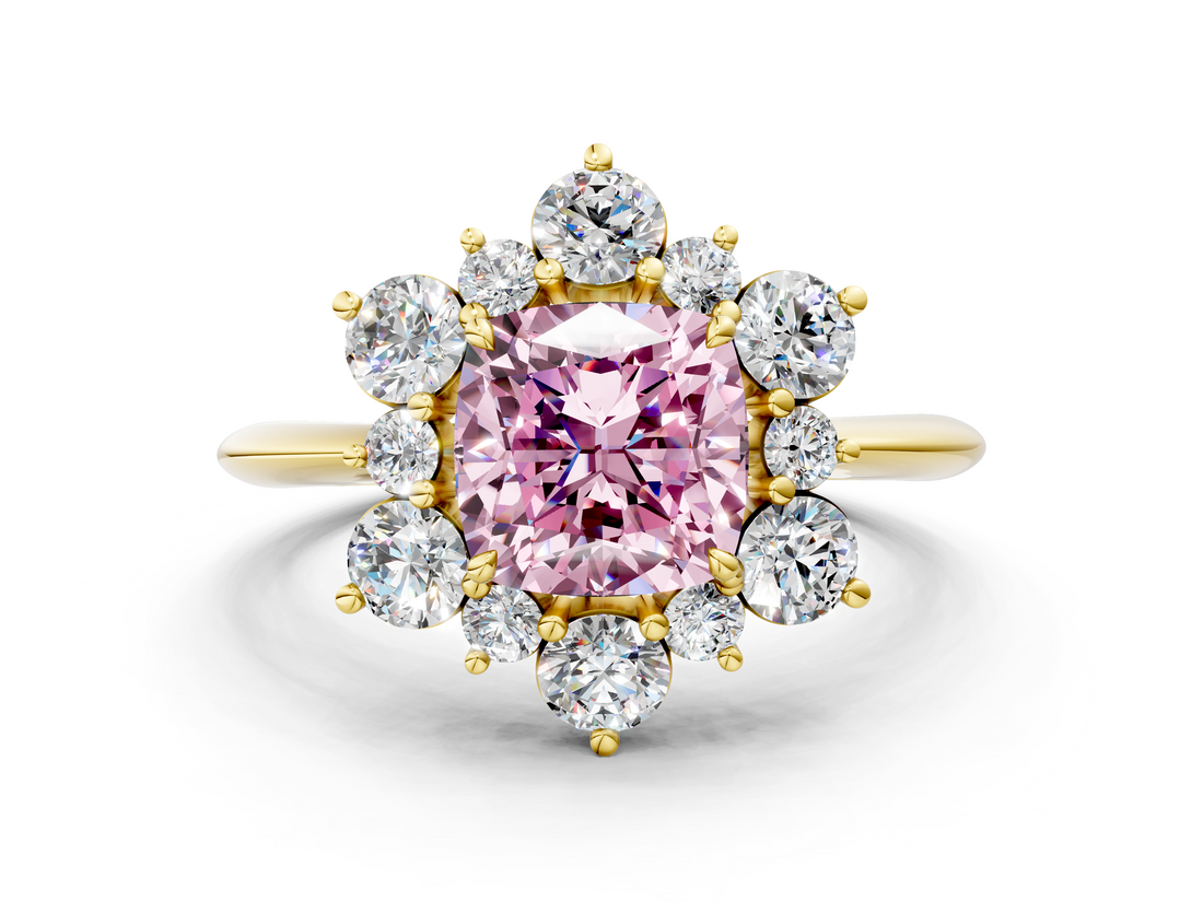 Yellow gold Fancy Pink Cushion  Diamond Cluster Halo Ring with Solitaire Band and Four-Prong Setting_20